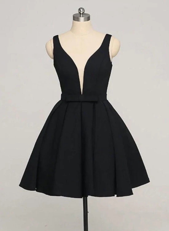 Black Knee Length Low Back Party Homecoming Dress, Black Formal Dress