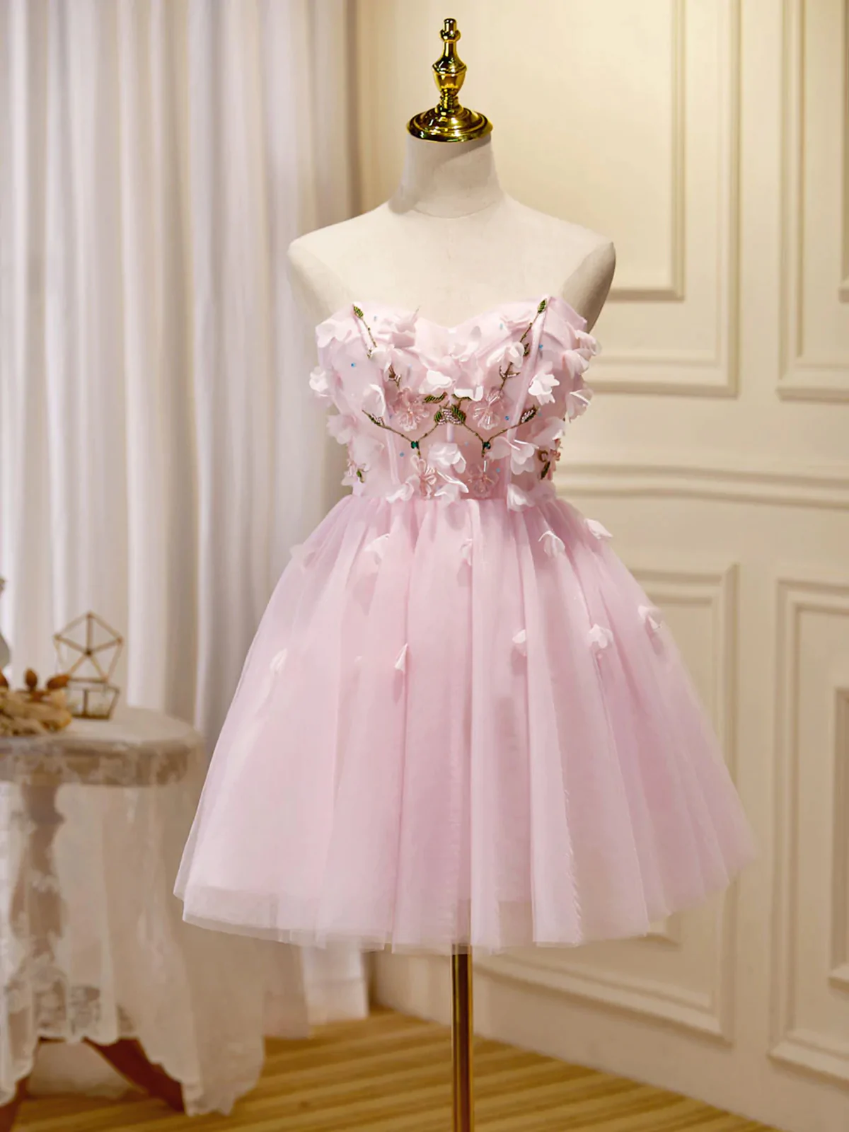Pink Floral Prom Dresses, Short Tule Formal Homecoming Dresses