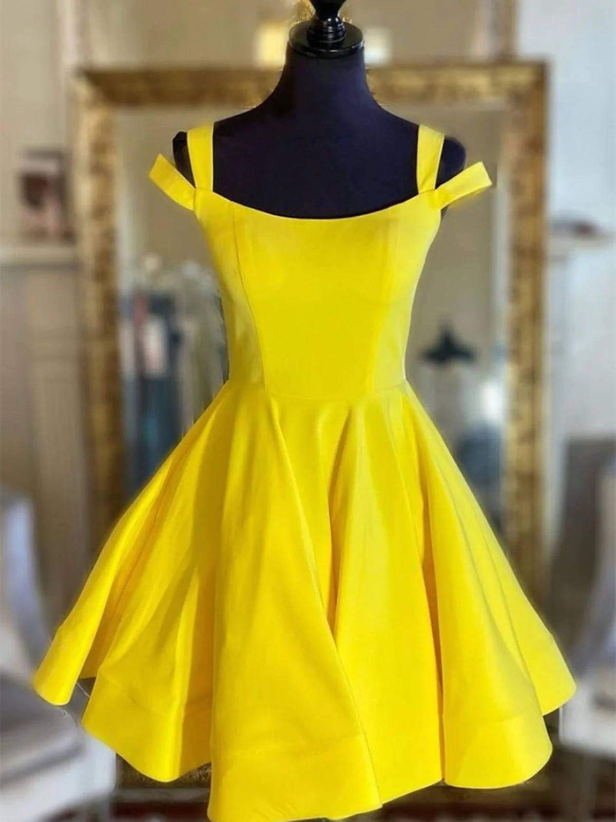 Off The Shoulder Short Yellow Satin Prom Dresses, Short Yellow Satin Formal Homecoming Dresses