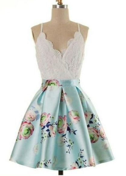 A-line Spaghetti Straps Short Print Light Blue Homecoming Dress With Lace
