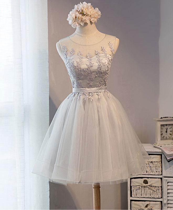 Cute Gray Lace Tulle Short Prom Dress, Homecoming Dresses