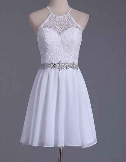 White Lace Homecoming Dresses, A Line Chiffon Short Dress