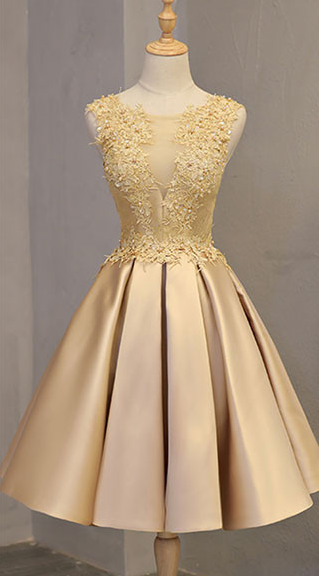 Gold Boat Neck Applique Party Dress,cute Knee Lnegth Short Prom Dress,a Line Homecoming Dress