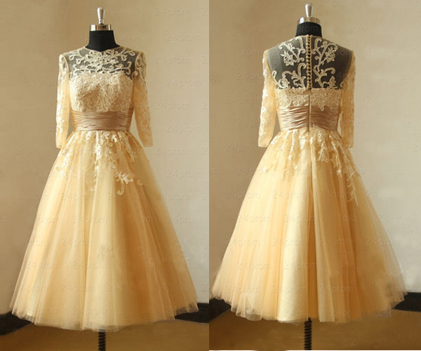Lace Prom Dress, Champagne Prom Dress, Vintage Prom Dress, Homecoming Dress, Long Sleeves Prom Dress