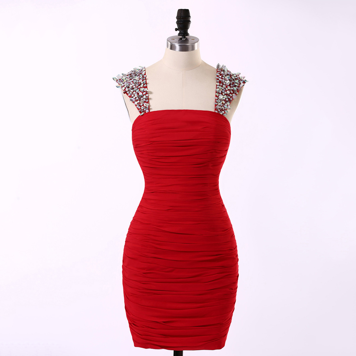 Short Homecoming Dress With Beaded Straps, Tight Red Chiffon Short Prom Dress, Sexy Sleeveless Mini Homecomi
