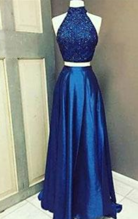 Royal Blue High Neck Beaded Long Prom Dress,two Pieced Evening Dress