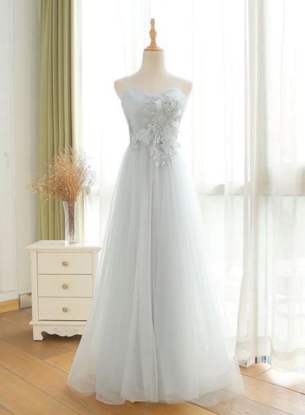 Gray Sweetheart Applique Long Prom Dress,tulle Evening Dress