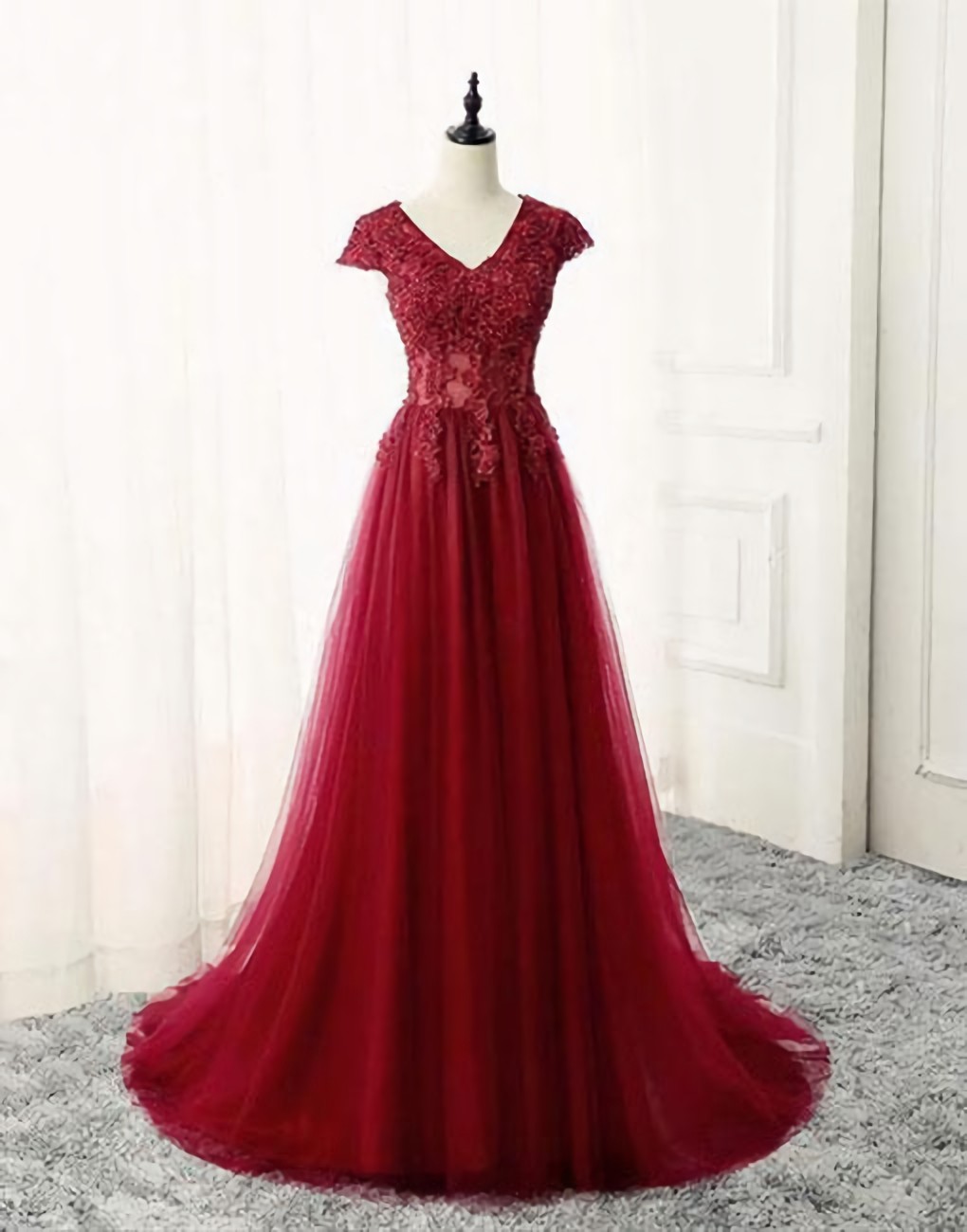 Elegant A Line V Neck Lace Formal Prom Dress, Beautiful Long Prom Dress, Banquet Party Dress