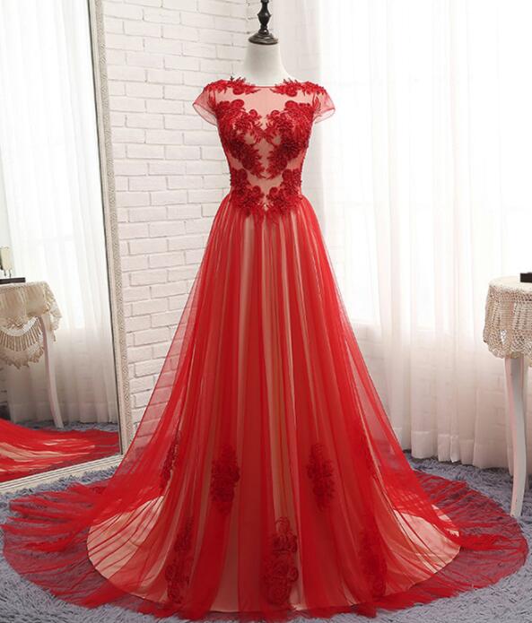 Elegant Cap Sleeve Tulle Appliques Formal Prom Dress, Beautiful Long Prom Dress, Banquet Party Dress