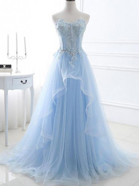 Elegant Sweetheart Appliques A-line Tulle Formal Prom Dress, Beautiful Long Prom Dress, Banquet Party Dress