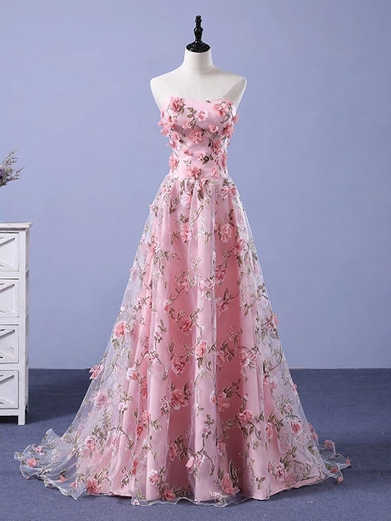 Elegant A Line Strapless Open Back 3d Flowers Lace Formal Prom Dress, Beautiful Long Prom Dress, Banquet Party Dress