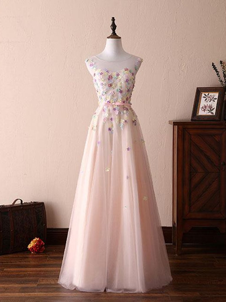Elegant A Line Round Neck Flowers Appliques Formal Prom Dress, Beautiful Long Prom Dress, Banquet Party Dress