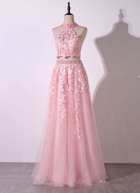 Elegant Two Pieces Lace Tulle Formal Prom Dress, Beautiful Prom Dress, Banquet Party Dress