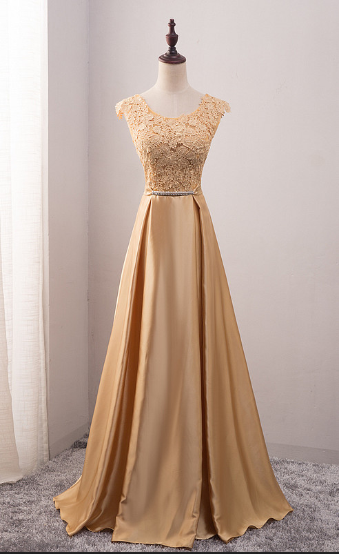 Elegant Sweetheart Appliqués Cap Sleeves Scoop Neck Satin Formal Prom Dress, Beautiful Long Prom Dress, Banquet Party Dress