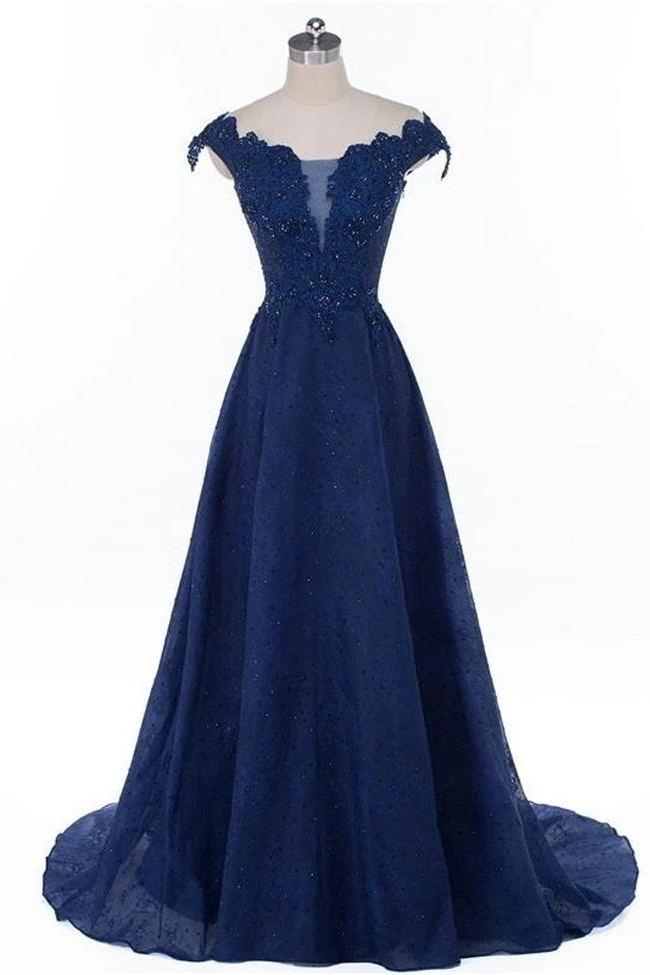 Elegant A Line Cap Sleeves Beaded Lace Evening Dress ,formal Party Dress,prom Long Dress