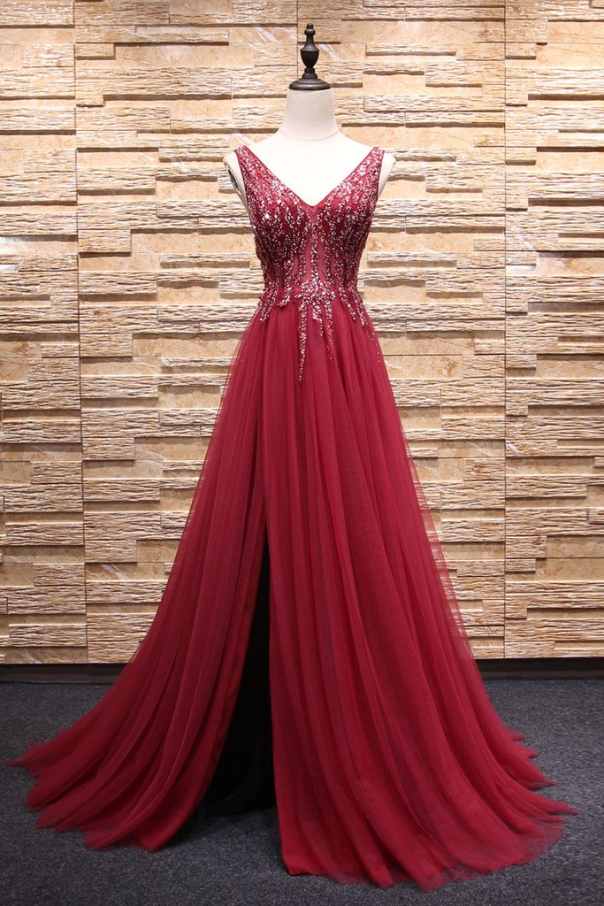 Elegant Simple V Neck Beads Tulle Formal Prom Dress, Beautiful Long Prom Dress, Banquet Party Dress