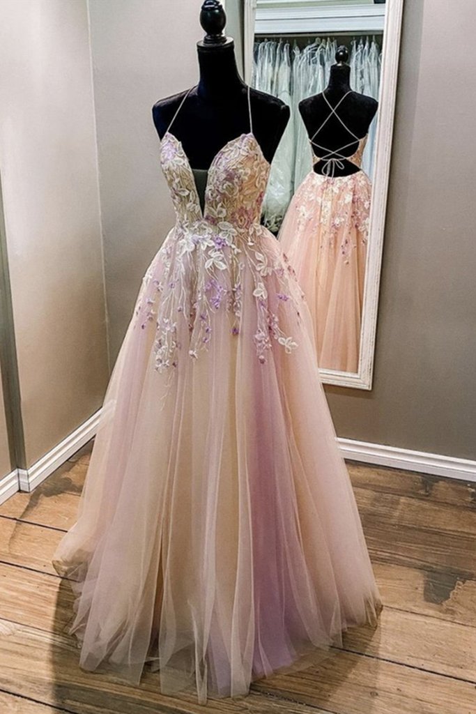 Elegant Tulle V Neck Backless Lace Formal Prom Dress, Beautiful Long Prom Dress, Banquet Party Dress