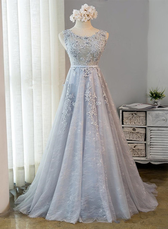 Elegant Lace O-neckline Tulle Formal Prom Dress, Beautiful Long Prom Dress, Banquet Party Dress