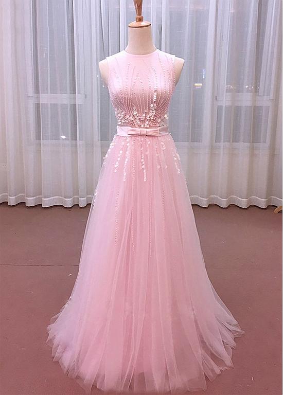 Elegant A-line Tulle Round Neckline Beaded Formal Prom Dress, Beautiful Long Prom Dress, Banquet Party Dress