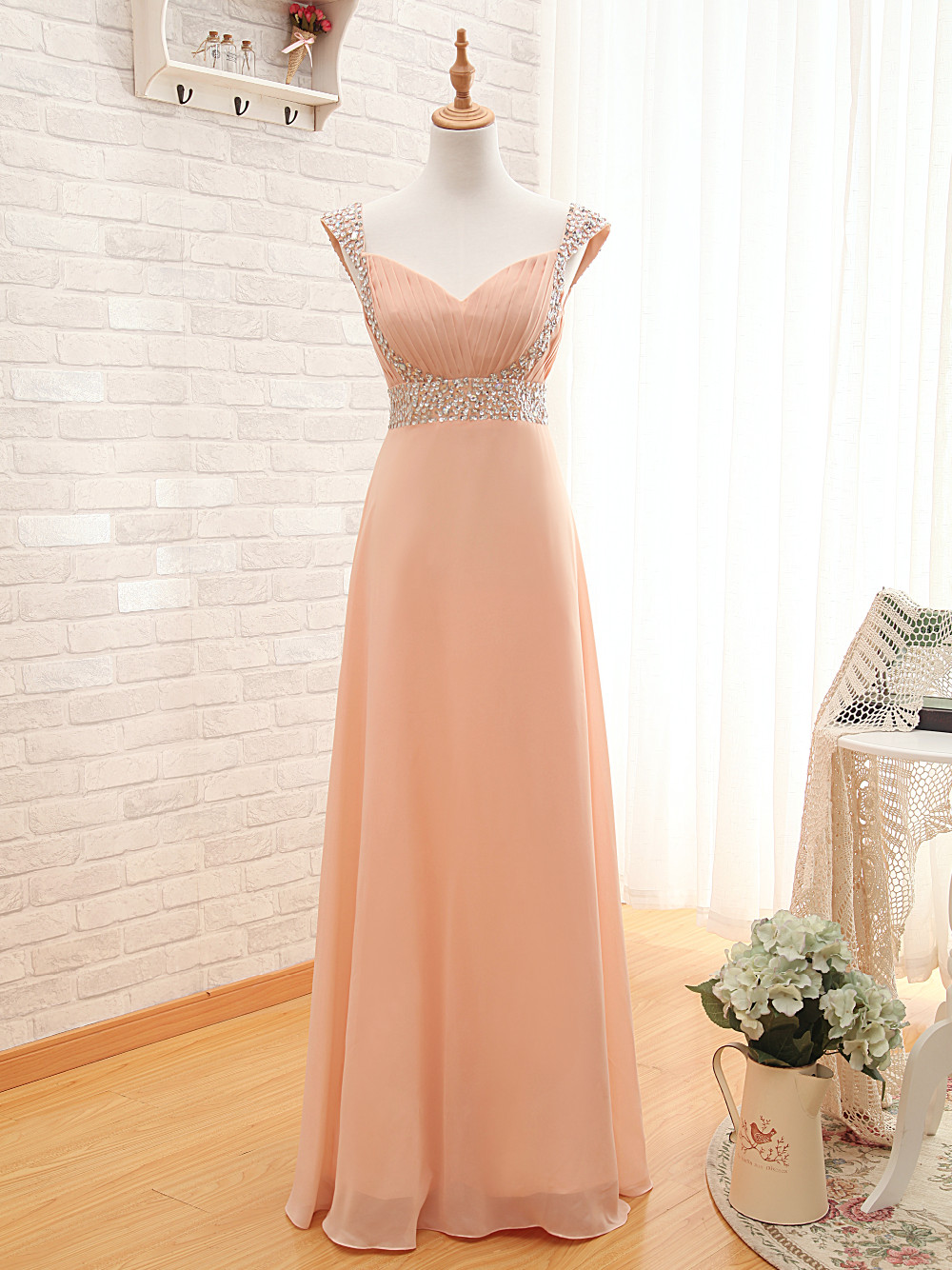 Elegant Sweetheart Cap Sleeves Beaded Chiffon Formal Prom Dress, Beautiful Prom Dress, Banquet Party Dress