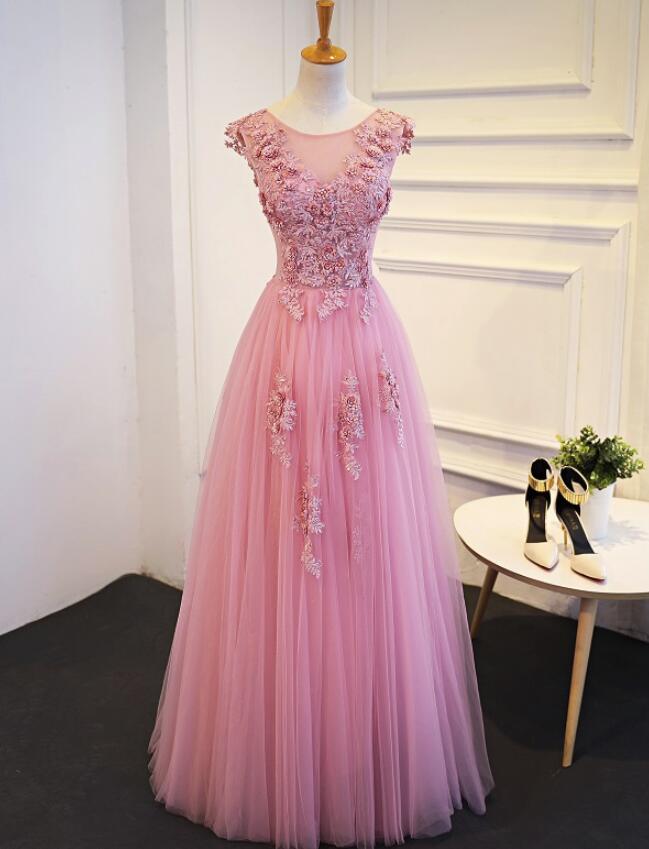 Elegant Round Neckline Lace Applique Tulle Formal Prom Dress, Beautiful Prom Long Dress, Banquet Party Dress