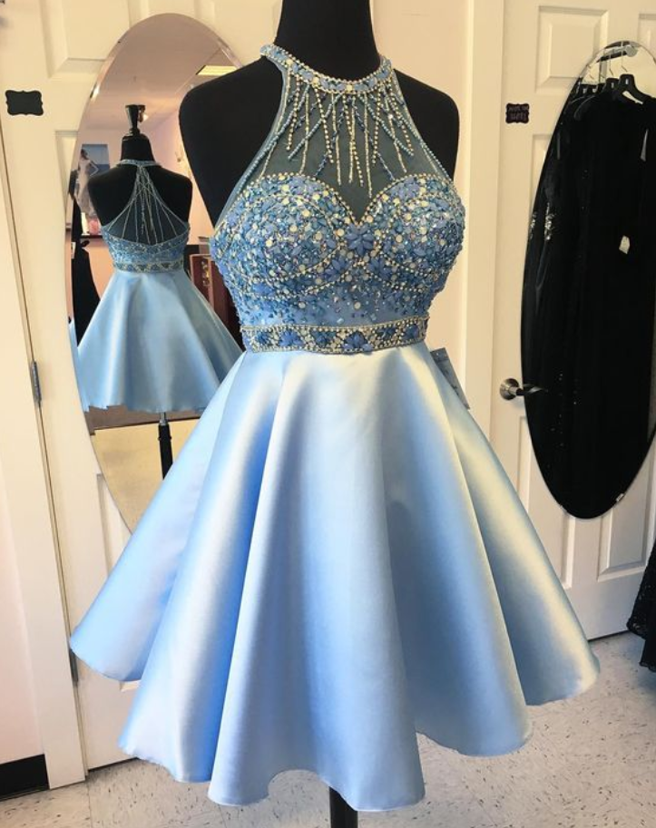 Homecoming Dresses, Short Blue Prom Dresses Sexy Beaded Party Dresses