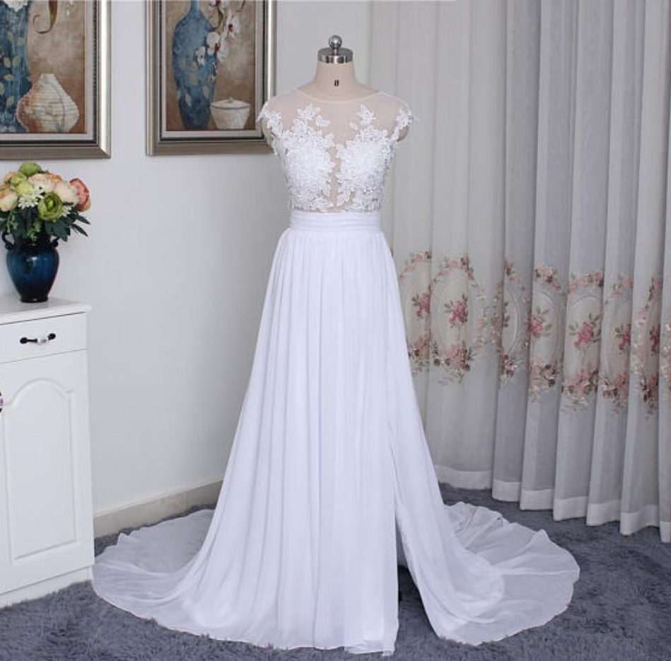 Prom Dresses, Lace Appliquéd Mesh Round Neck Covered Sleeve Floor Length Chiffon A-line Wedding Dresses, Gowns