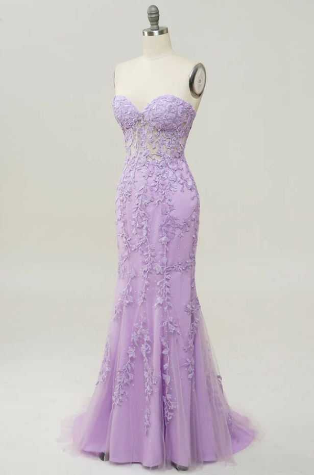 Prom Dresses,purple Sweetheart Neck Mermaid Prom Dress With Appliques