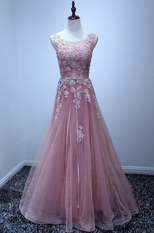 Prom Dresses, High Quality Tulle High Waist Applique A-line Prom Dresses