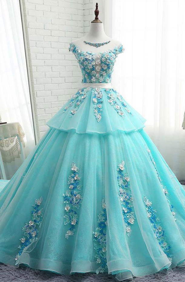 Prom Dresses, Tiffany Blue Round Neck Tulle Lace Appliqued Long Ball Gown Blue Evening Dresses