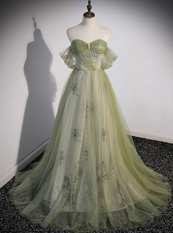 Prom Dresses,a Line Green Tulle Long Prom Dress, Green Formal Evening Dress With Beading