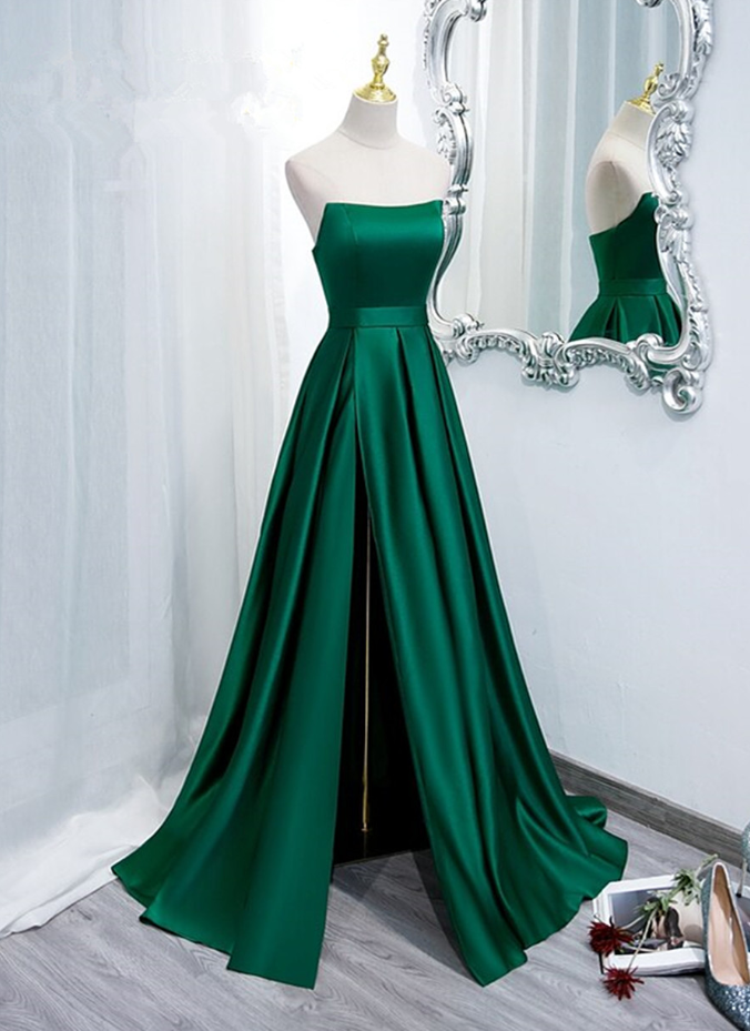 Prom Dresses, Green Satin Long Evening Dress With Slit, Green A-line Prom Dress