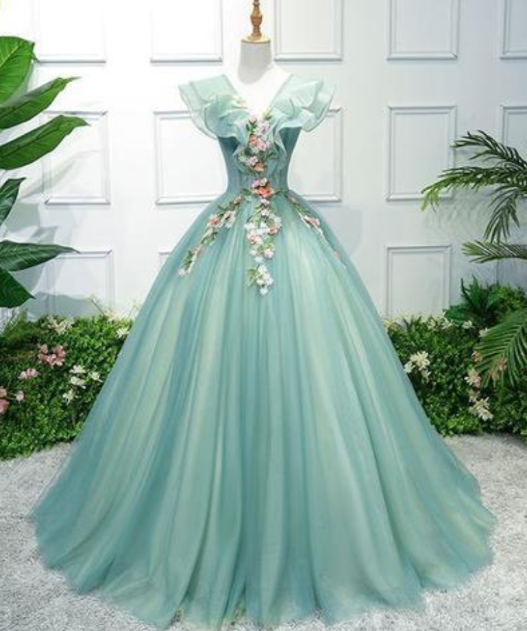 Prom Dresses, Green Tulle Lace Long Prom Dress, Green Evening Dress