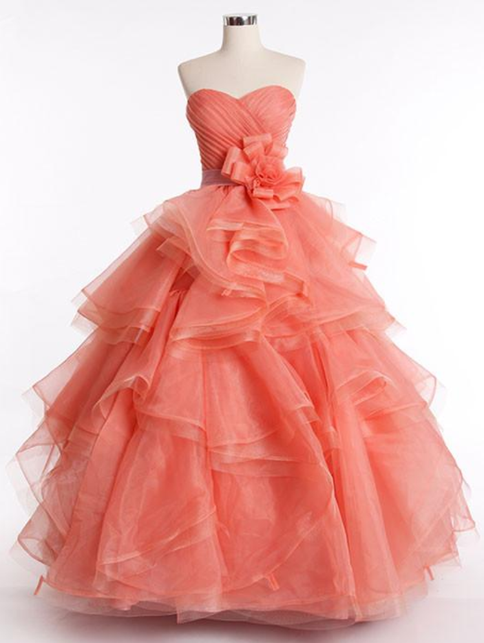 Prom Dresses,strapless Orange Ball Gown Prom Dress With Tiered Ruffle Skirt