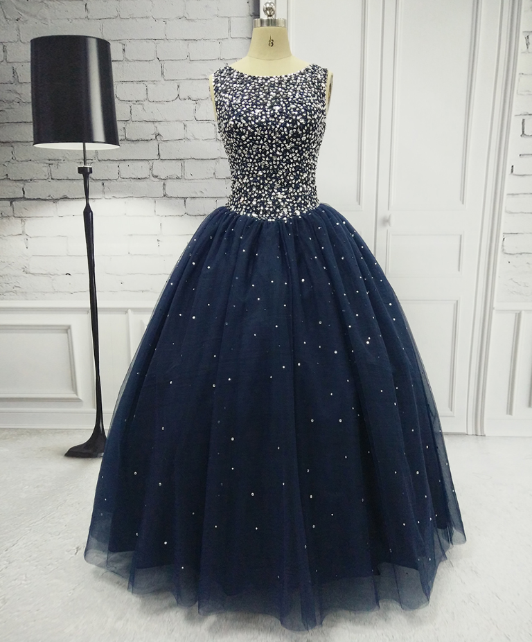 Prom Dresses,sexy Backless Dress Ball Gowns Vestidos De Debutante Gowns Navy Blue Tulle Beaded Sequin Princess Gowns