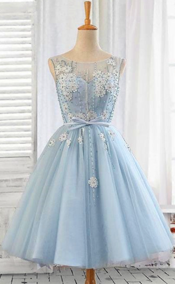 Homecoming Dresses,cute Light Blue Beaded Short Homecoming Dress Scoop Neck Mini Cocktail Party Gowns