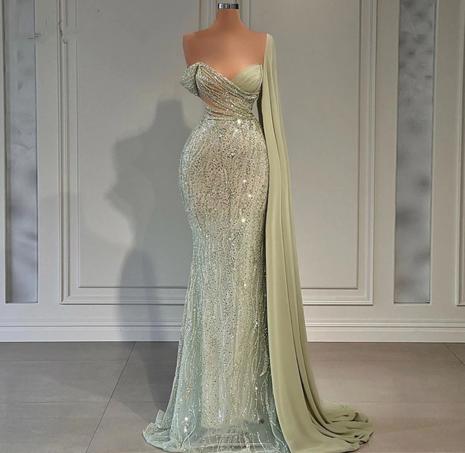 Prom Dresses,mint Green Long Party Dresses One Shoulder Sleeves V-neck Mermaid Beaded Sequined Evening Dress For Women