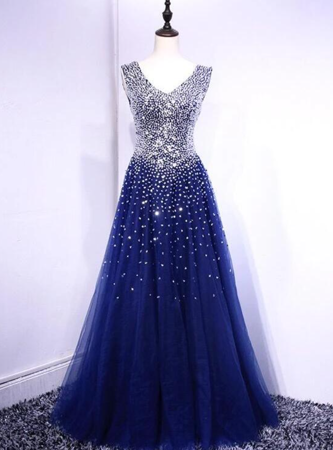 Prom Dresses,luxury Beaded V-neck Royal Blue Long Evening Dress Women Party Gowns ,formal Gowns