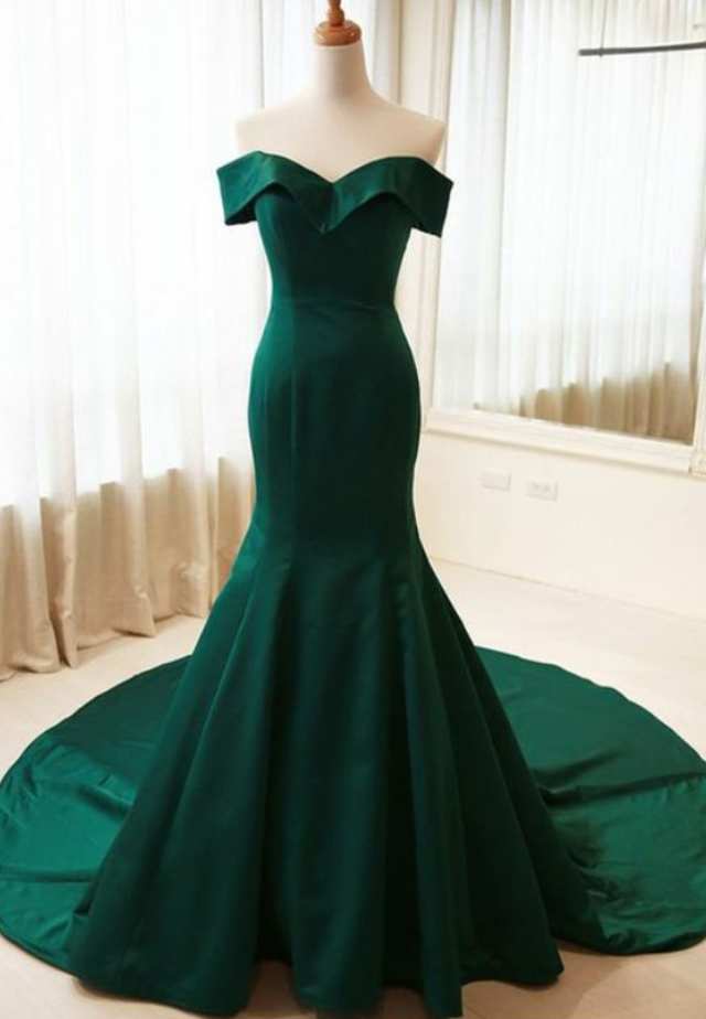 Prom Dresses,simple Mermaid Off Shoulder Long Dark Green Satin Formal Evening Dress With Sweep Train
