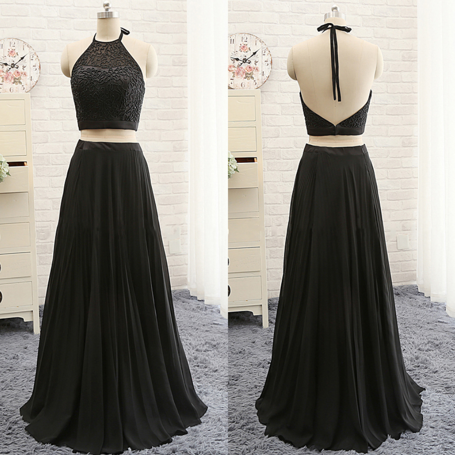 Prom Dresses,halter Black Two Piece A-line Floor-length Dress Featuring Beaded Embellishment Bodice And Bare Back