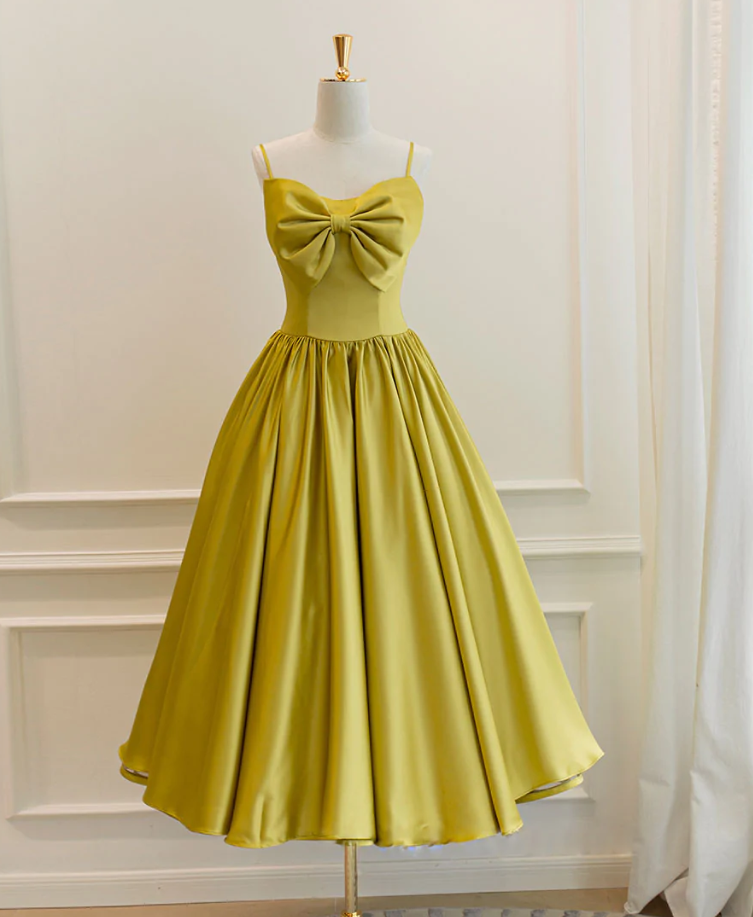 Homecoming Dresses,spaghetti Strap Homecoming Dresses,cute Dress,yellow Satin Tea Length Prom Dress