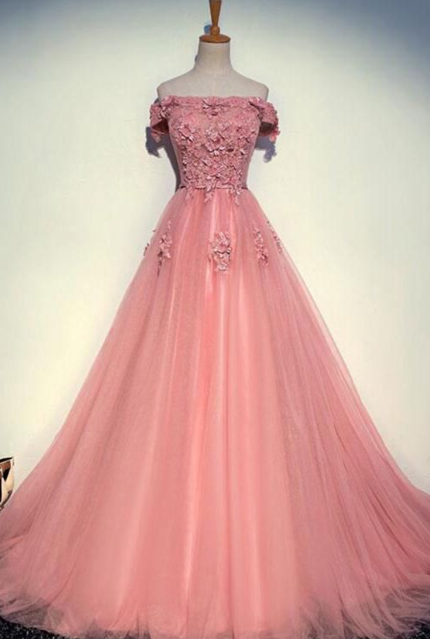 Prom Dresses,sweet Party Long Prom Dresses,evening Gowns,charming T Applique Tulle Long Gowns
