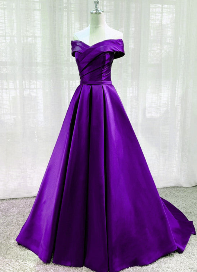 Prom Dresses, Purple Satin Sweetheart Long Party Dresses Strapless Purple Evening Gowns