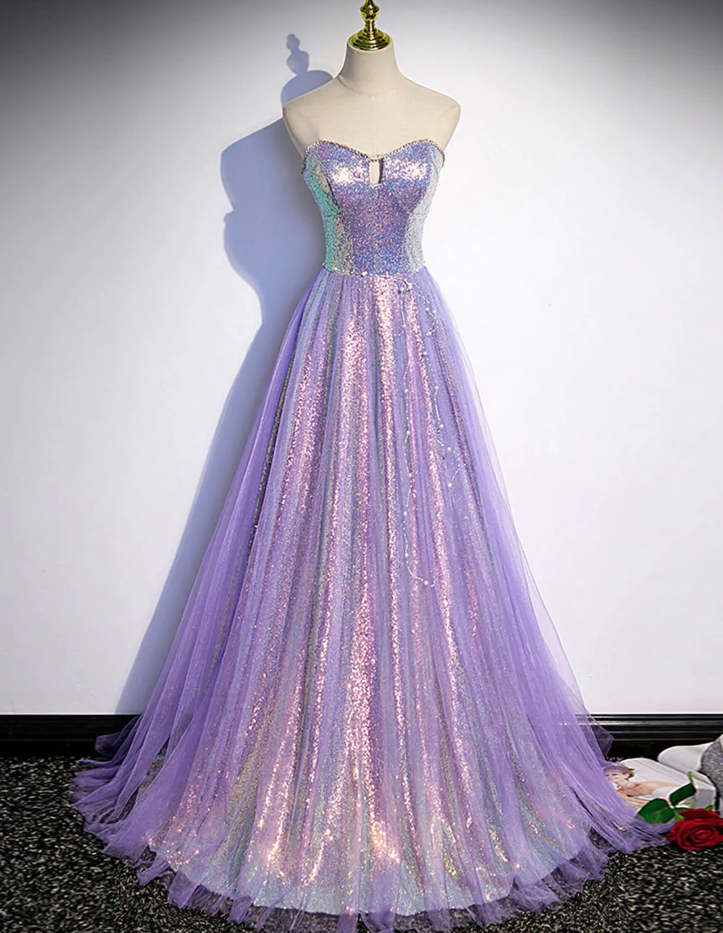 Prom Dresses, A Line Purple Sweetheart Neck Tulle Long Prom Dress, Purple Evening Dress