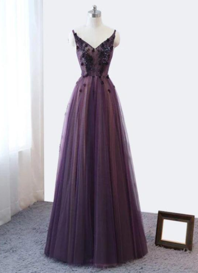 Prom Dresses, Purple V-neckline Tulle Lace Applique Party Dress, Purple Formal Dress
