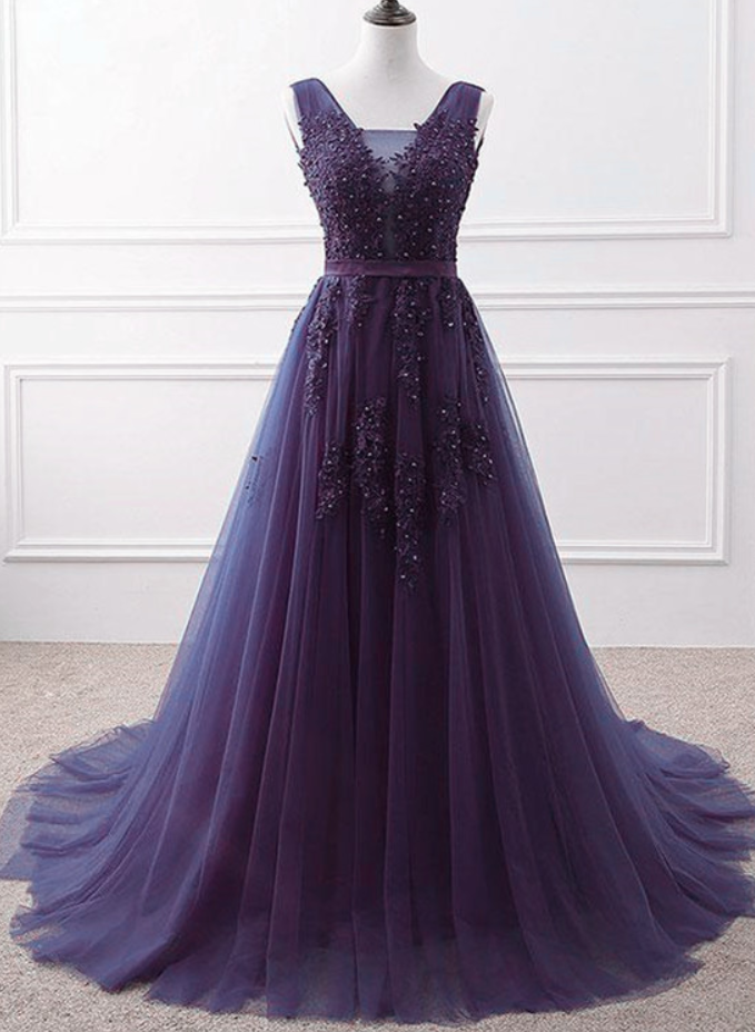 Prom Dresses, Purple Tulle V-neckline Long Party Dress, Purple A-line Prom Dress, Dream Bridesmaid Dress