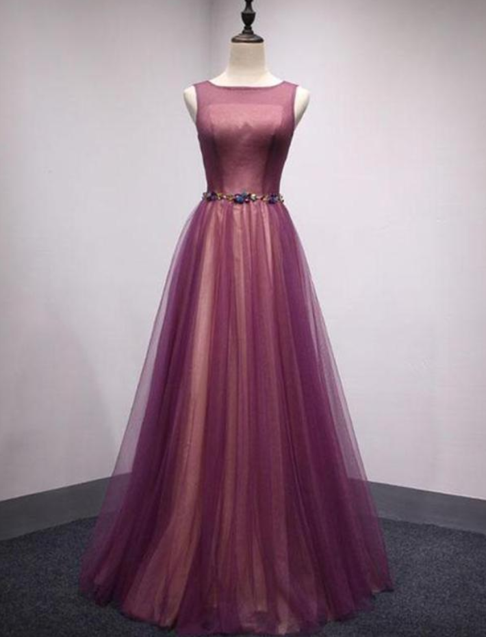 Prom Dresses, A-line Sleeveless Backless Purple Tulle Long Gowns