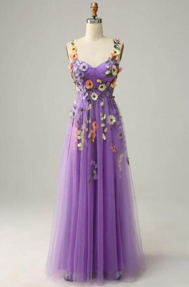 Prom Dresses, A Line Purple Spaghetti Straps Prom Dress With 3d Flowers