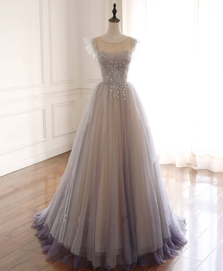Prom Dresses, Gray Purple Round Neck Tulle Long Prom Dress Tulle Formal Dress