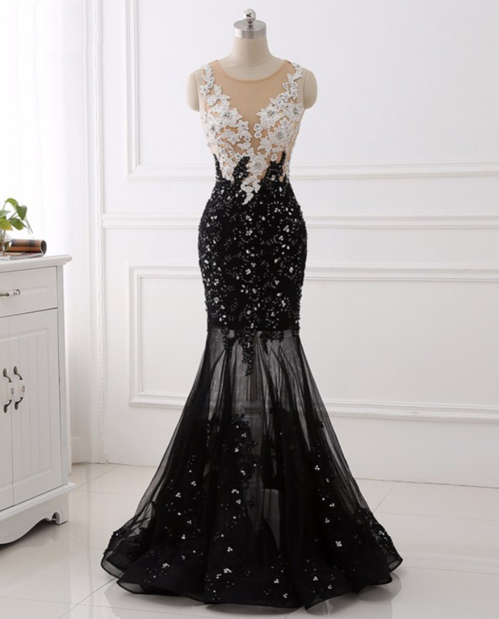 Prom Dresses, White Lace, Black Lace Patchwork With Sexy Evening Gowns